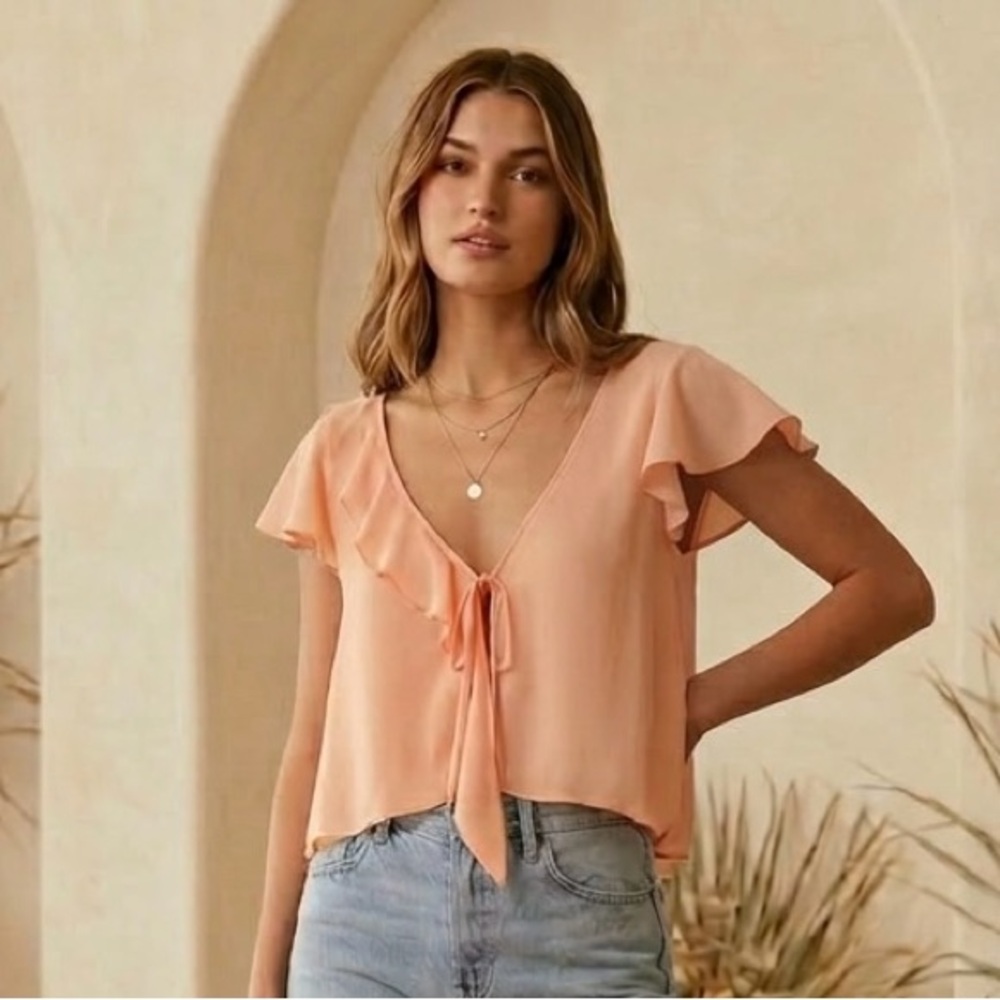 Apostrophe Light Peach Tie-Front Ruffle Crop Top, Two-Piece